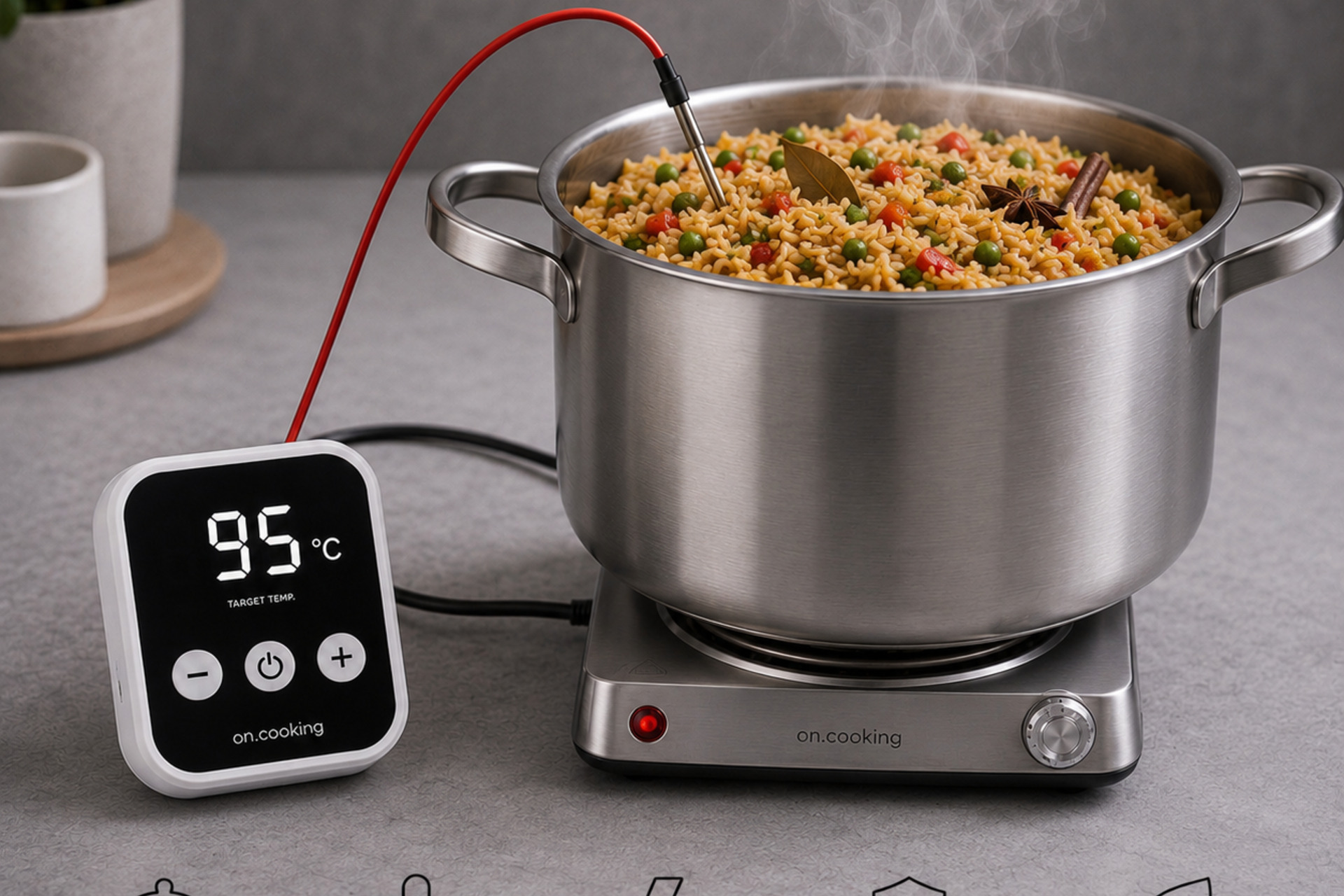 ON.COOKING smart hotplate, controller, and pot